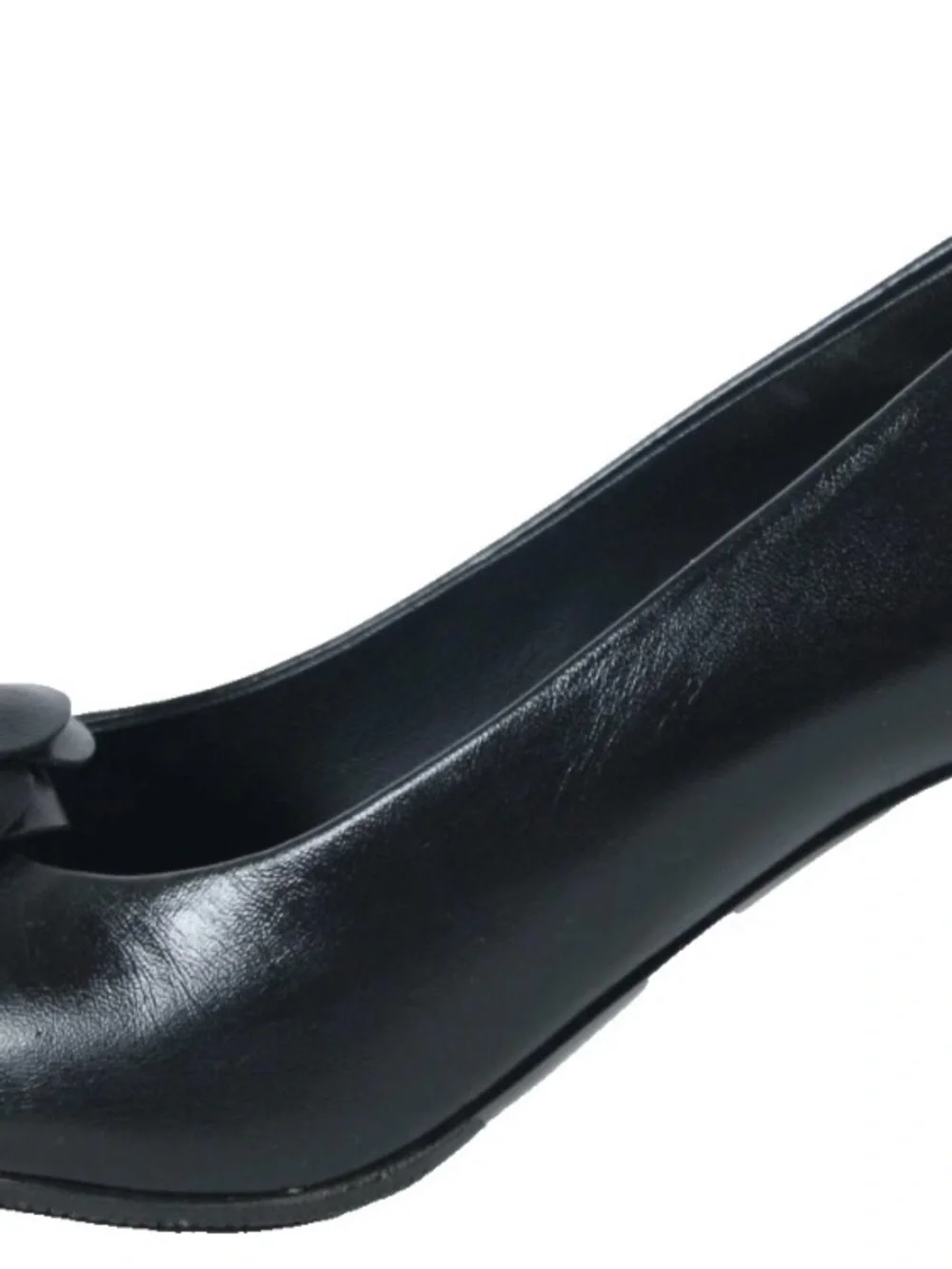 CHANEL Black Leather Camellia Pearl Detail Block Heel Pump classic size 37 6.5